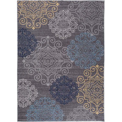 Combien Tufted Gray/Blue/Yellow Non-Slip Rubberback Area Rug