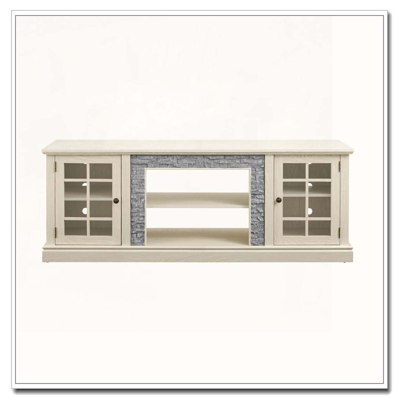 70" TV Stand with 2-Door Storage, Faux Stone Media Console Cabinet, White