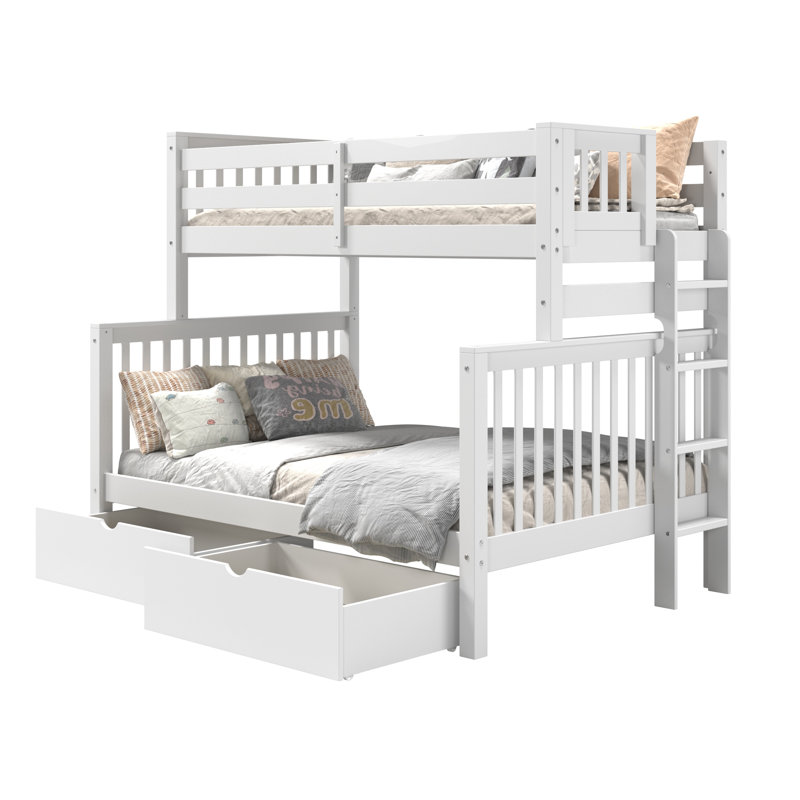 Treva Solid Wood Standard Bunk Beds Twin over Full, 4 Step Ladder, 2 Under-Bed Drawers, White, White, Twin over Full