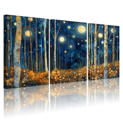 Night Forest Art Canvas Wrapped Wall Art Oil Painting Print Set Of 3 For Living Room Bedroom Home Decor