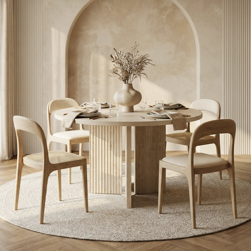 47.2" Mid-Century Modern Round Dining Table with Fluted 4 Legs Base, Beige Wood Texture, White