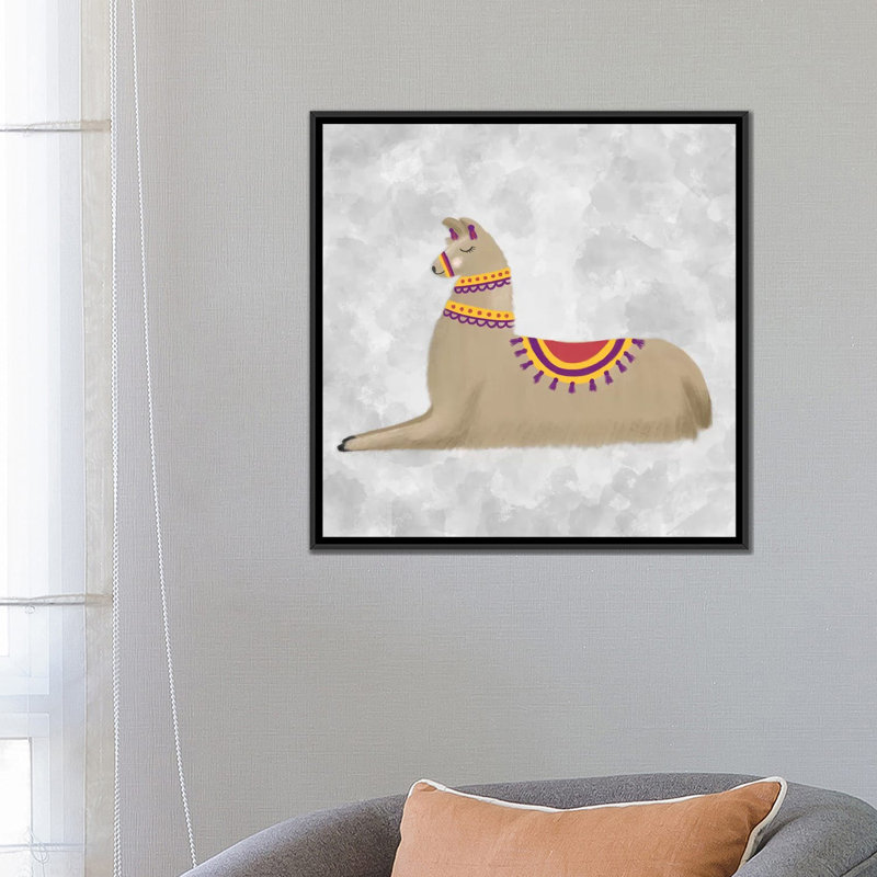 « jolie llama ii », impression sur toile tendue, H 18 po x l 18 po x P 1,5 po, Toile avec cadre noir, Pas de tapis