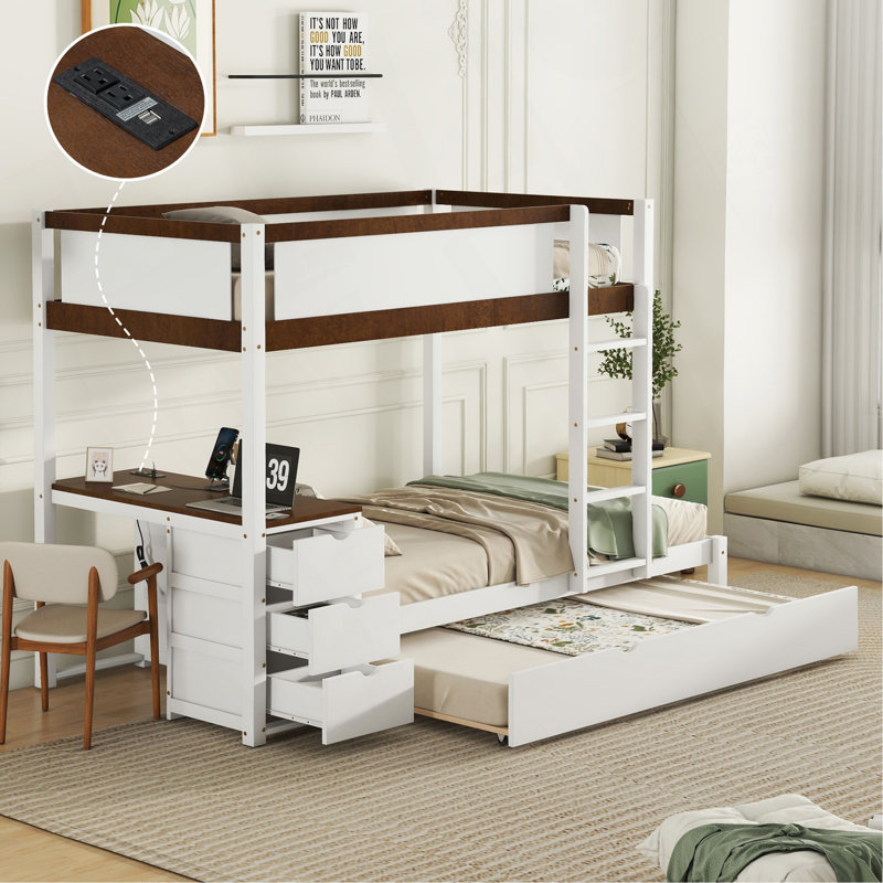 Lit simple superposé simple avec lit gigogne simple, rangement et bureau, blanc et noyer
