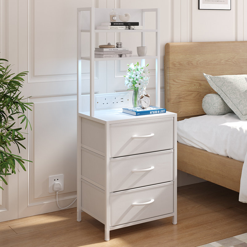 3-Drawer Nightstand with Charging Station & RGB Light Strip, Fabric Drawers, White