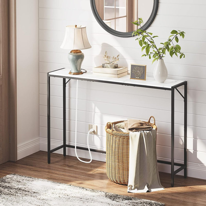 Console Table, Narrow Sofa Table, 43.3” Entrance Table With Power Station, Behind Couch Table, Simple Style, For Living Room, Hallway, Entryway, Foyer, Marble And Black CTHM112E01