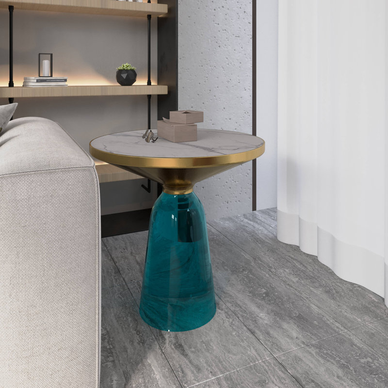 19" Round Side End Table Glass/Sintered Stone Top With Brushed Gold Rim And Tempered Glass Base, Blue, White Stone