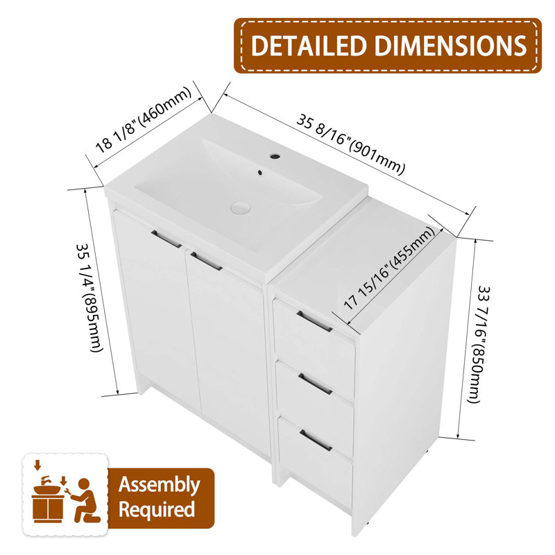 Meuble-lavabo autoportant de 36 po avec lavabo en résine, 1 armoire de rangement, portes à fermeture douce et tiroir