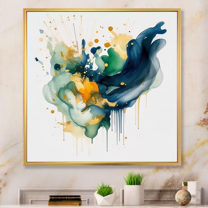 Bleu foncé, turquoise et or IV, H 36 po x l 36 po x P 1,5 po, Cadre flottant doré