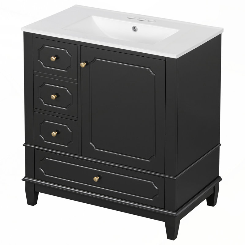 Meuble-lavabo de salle de bain avec lavabo en céramique intégré et charnières à fermeture en douceur, Noir