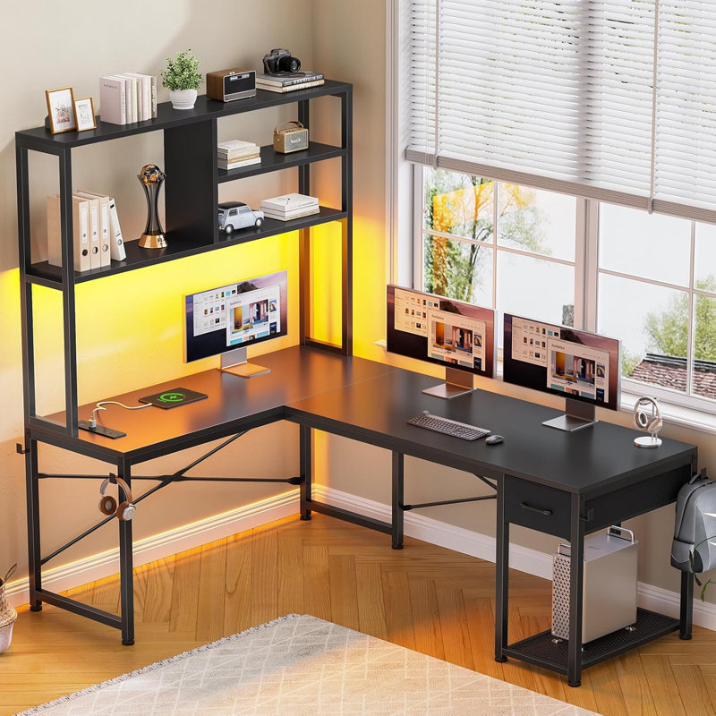 L Shaped Gaming Desk, 51.2" Reversible Small Corner Desk With Drawer, Power Outlet & Led Lights, Black