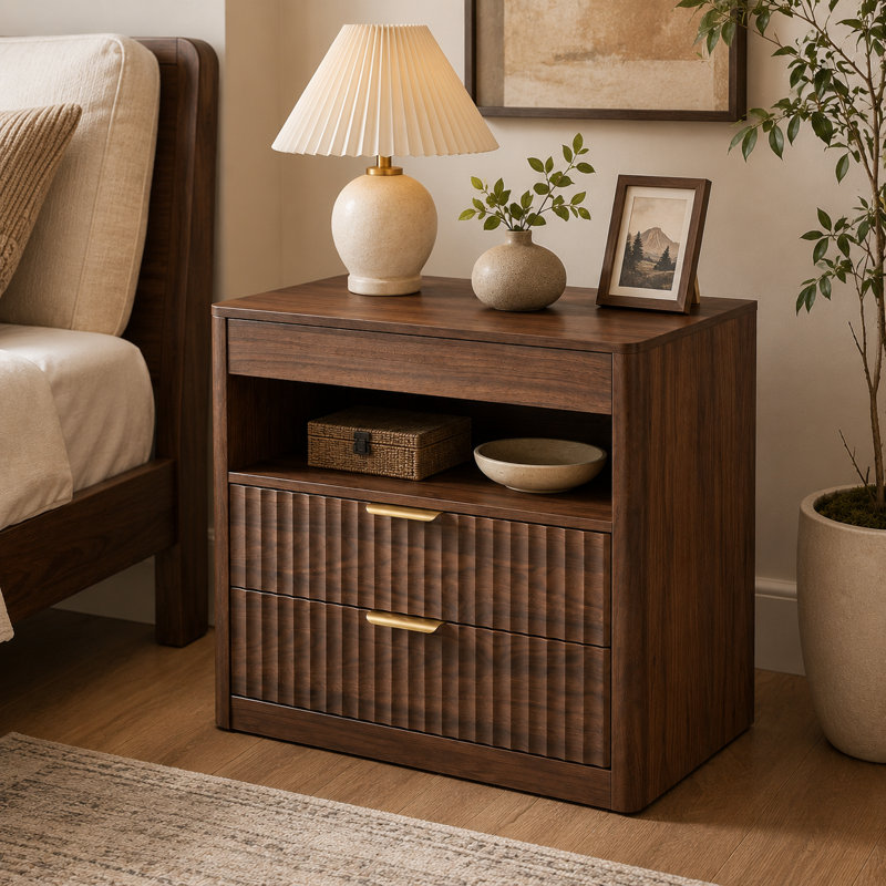 Ensemble de tables de chevet Mid-Century modernes en noyer avec station de charge et rangement