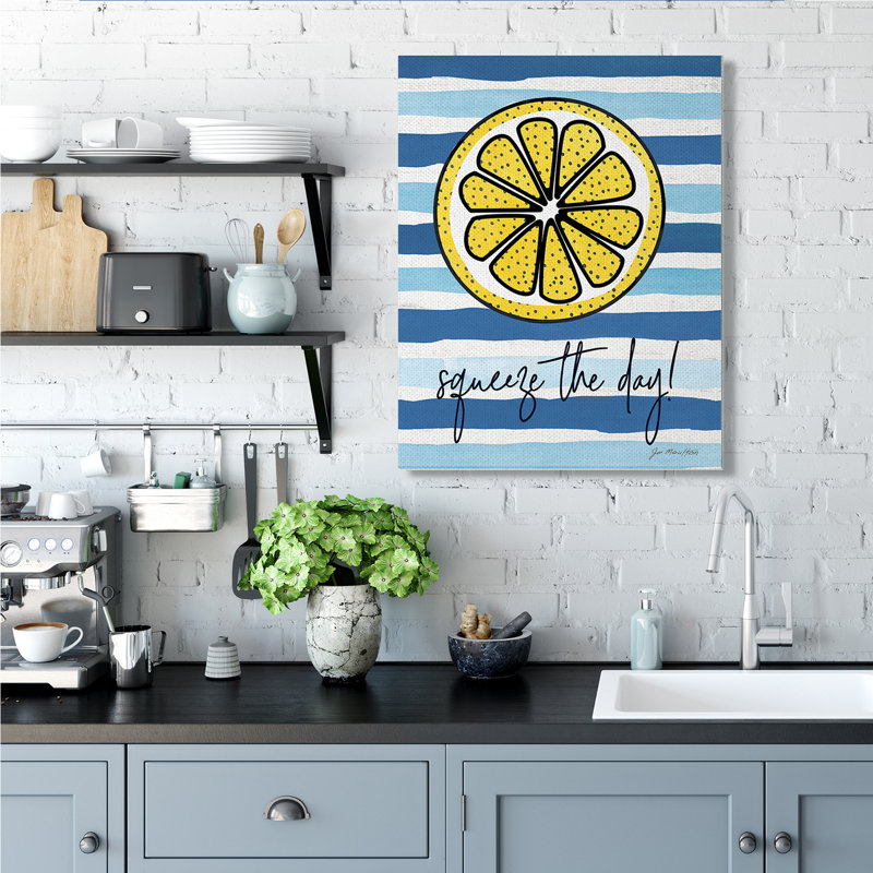 «Squeeze the Day Expression Lemon Nautical Stripes» par Jennifer Pugh - impression, Toile tendue, H 40 po x l 30 po