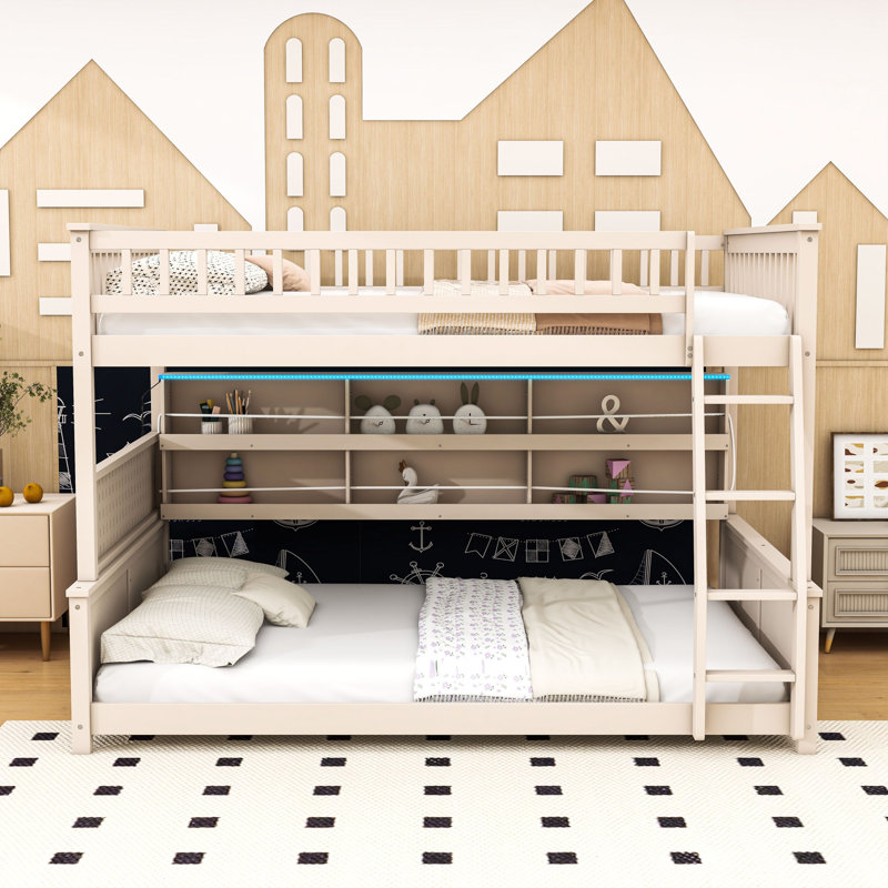 Lit superposé avec lumières, panneau perforé et tablette de rangement, Beige, Double TG sur grand