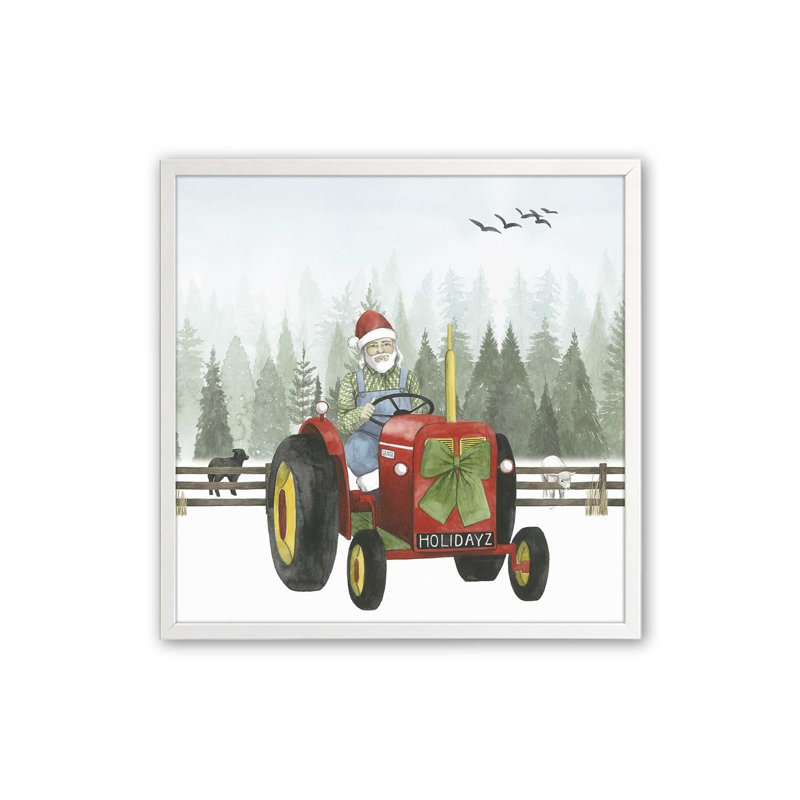 «Santa's Christmas Tractor Ride I Print», Cadre simple opaque blanc, bois massif, H 17,5 po x l 17,5 po