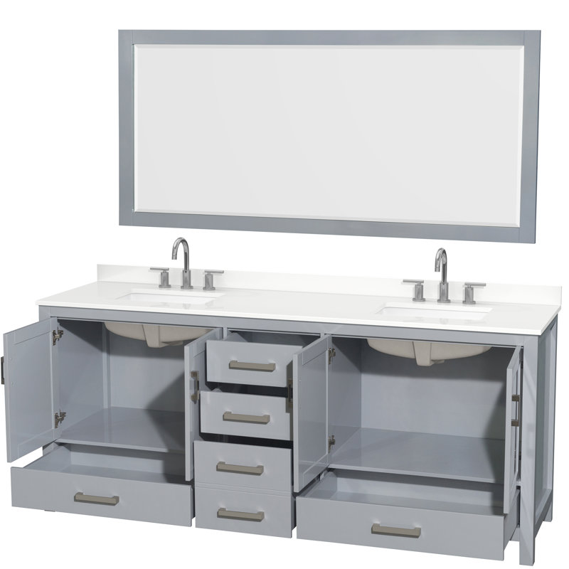 Ensemble de meuble-lavabo double autoportant 80 po avec plateau en quartz Sheffield et miroir 70 po, Quartz blanc, Gris