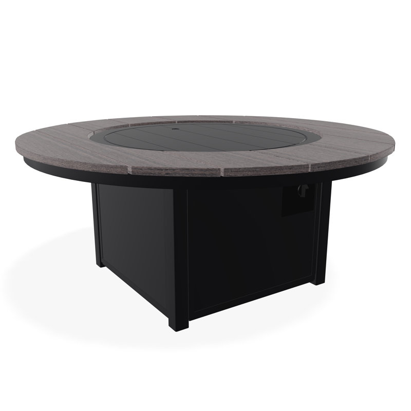 54" Round Rustic Polymer Fire Table with Propane Shelf, Black/Boardwalk