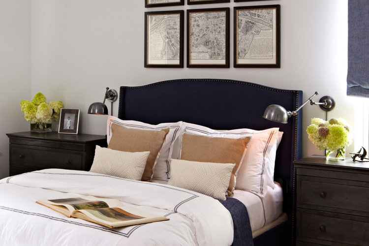 bed with dual nightstands