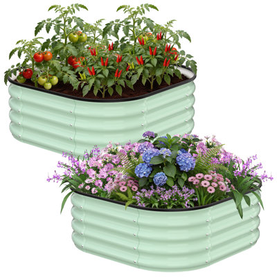 Ensemble de 2 jardinières surélevées en métal galvanisé vert (107 x 107 x 30 cm), arrondies ovales et carrées, avec rebord de sécurité robuste, idéales pour l'extérieur, la culture de légumes et de fleurs.