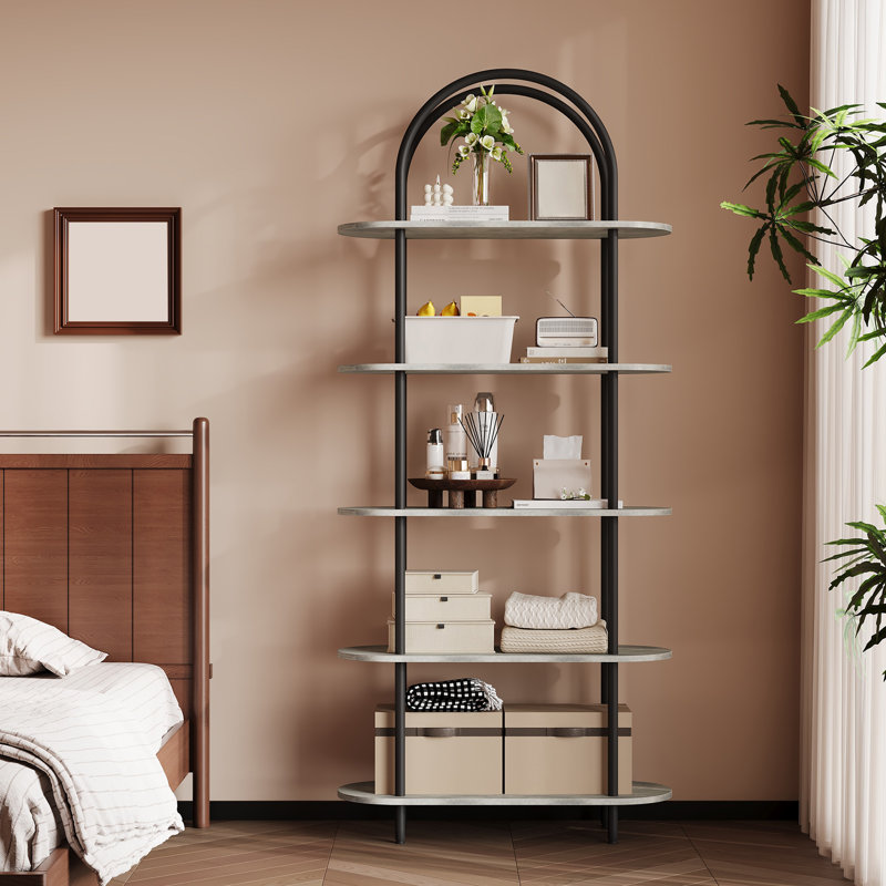  5 Tier Arched Bookcase, 71" Tall Industrial Open Book Shelf, Modern Freestanding Shelving Unit Storage Organiser with Metal Frame, for Living Room, Bedroom, Home Office
