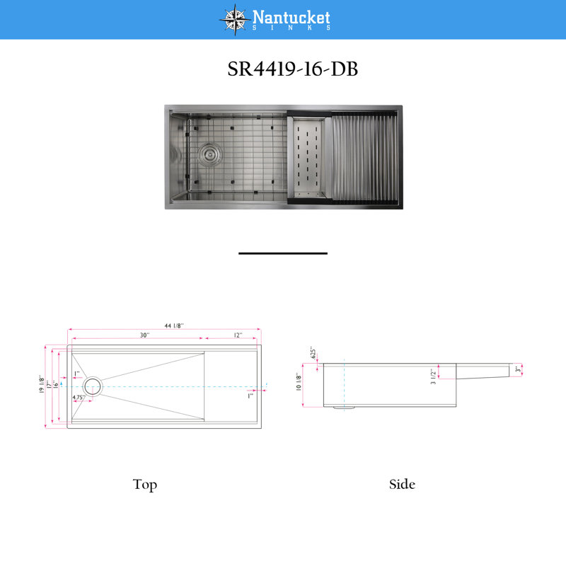 44'' L Stainless Steel Single Basin Kitchen Sink
