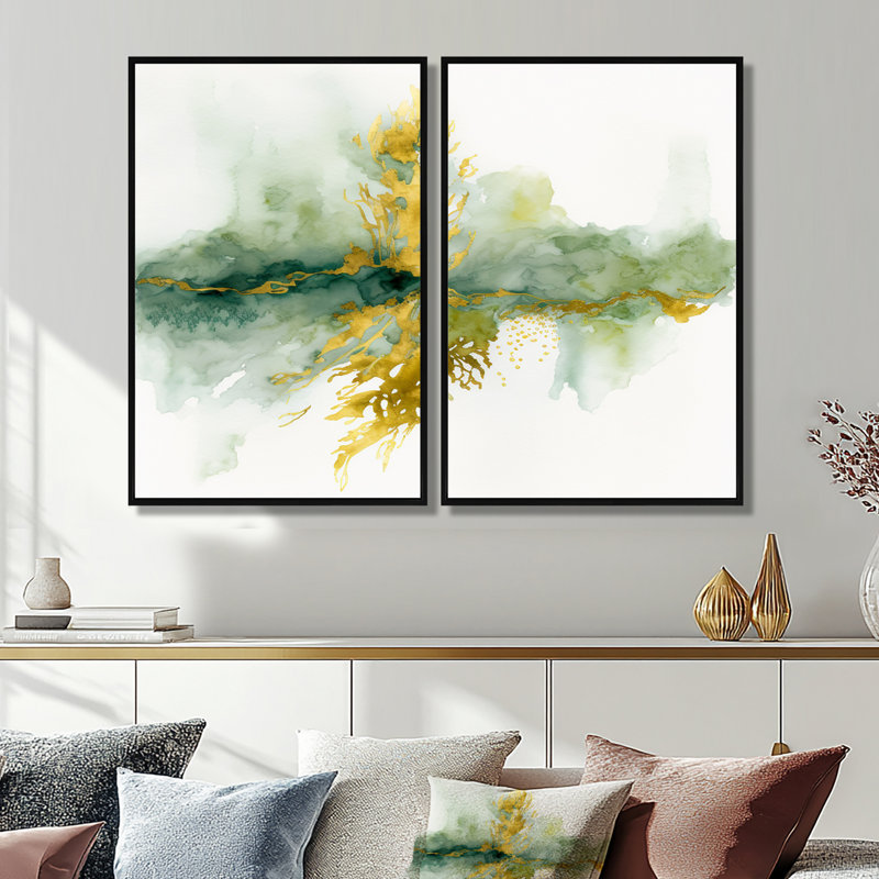 «Awakenings In French Moss I», art mural abstrait à encre liquide, H 36 po x l 48 po, Impression encadrée flottante, Noir
