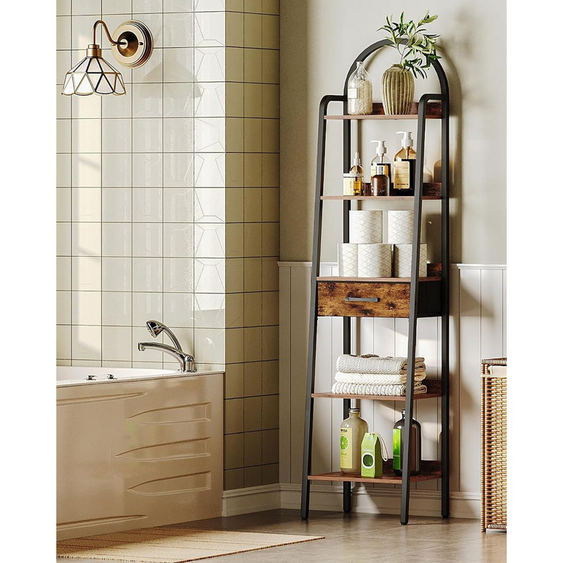 Rustic Brown Ladder Bookshelf with Storage Drawer and Metal Frame