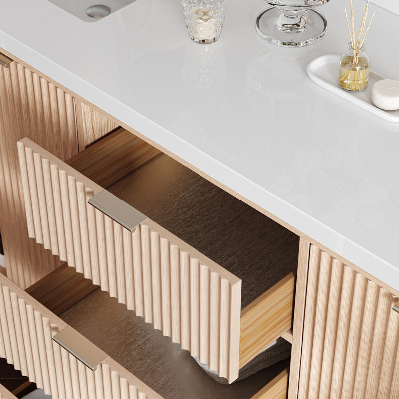 Haun 72'' Solid Oak Double Bathroom Vanity with 1.5'' White Quartz Top, Rectangular Sink, Rectangle, Oak