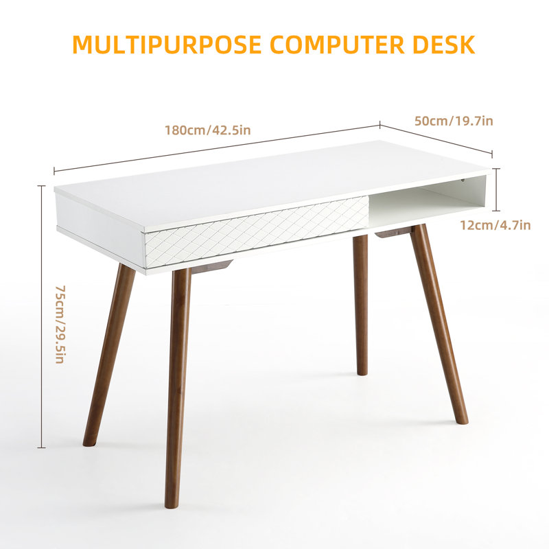Mid-Century Modern Writing Desk – 42 Inch Sturdy Wood Computer Table with Drawer & Open Storage – Compact Home Office or Bedroom Study Desk – White Finish with Walnut Accents