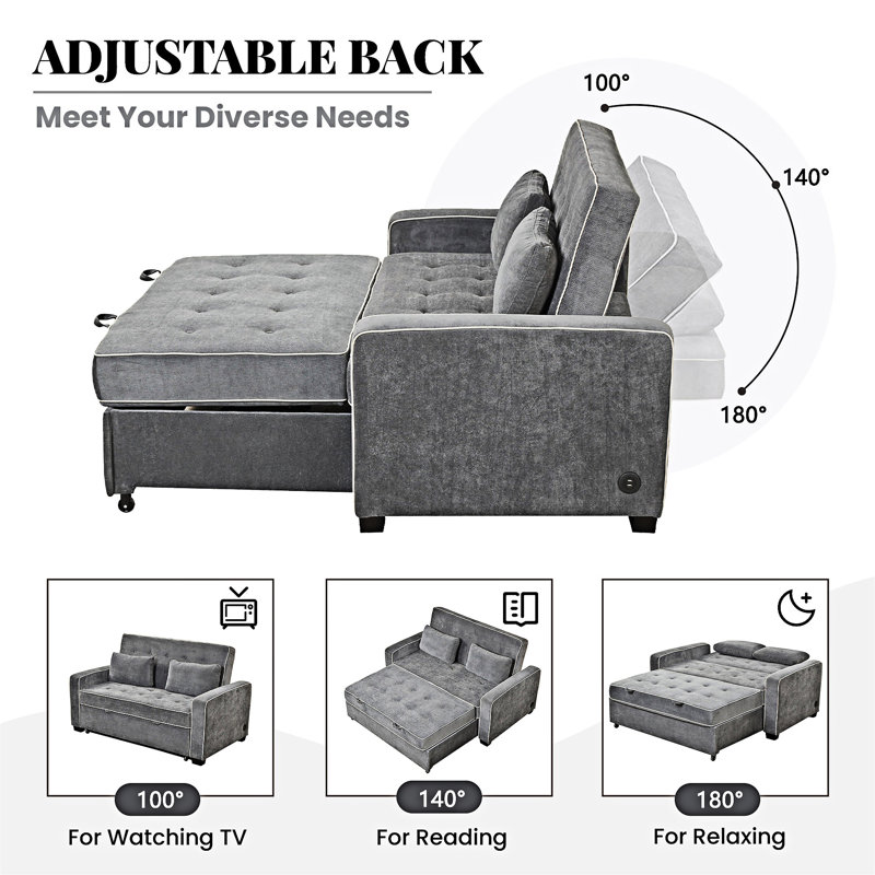 Upholstered Pull Out Sofa Bed With Throw Pillows, USB Charging Port And Adjustable Backrest, Charcoal Gray