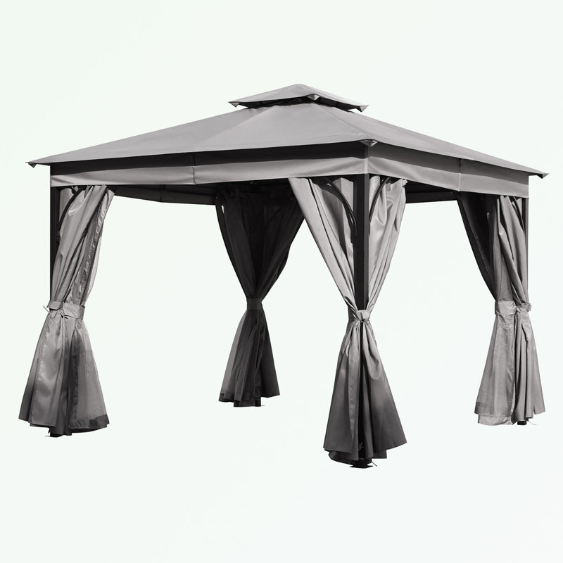Outdoor Gazebo with Double Roofs and Privacy Screens, Grey, 108" H x 120" W x 120" D