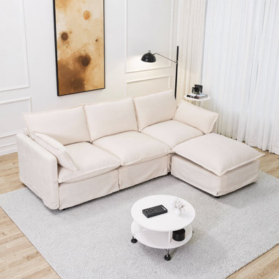 Beige Modern L-Shaped Modular Sectional Sofa with Ottoman, 4-Seater Combo for Living Room or Apartment