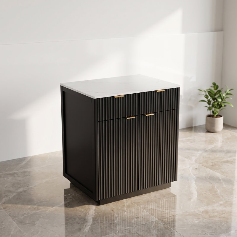 Îlot de cuisine noir cannelé de 83 pouces avec table à manger extensible et prise électrique, Noir