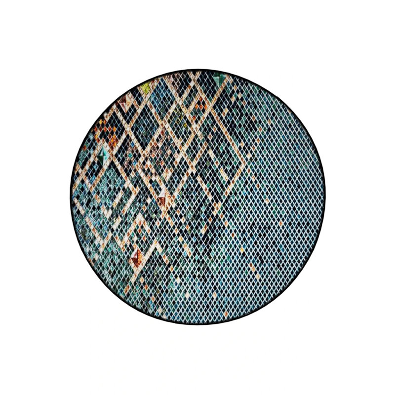 Blue Tones Geometric Patterned Round Woven Base Vintage Decorative Carpet, Round 2'8"