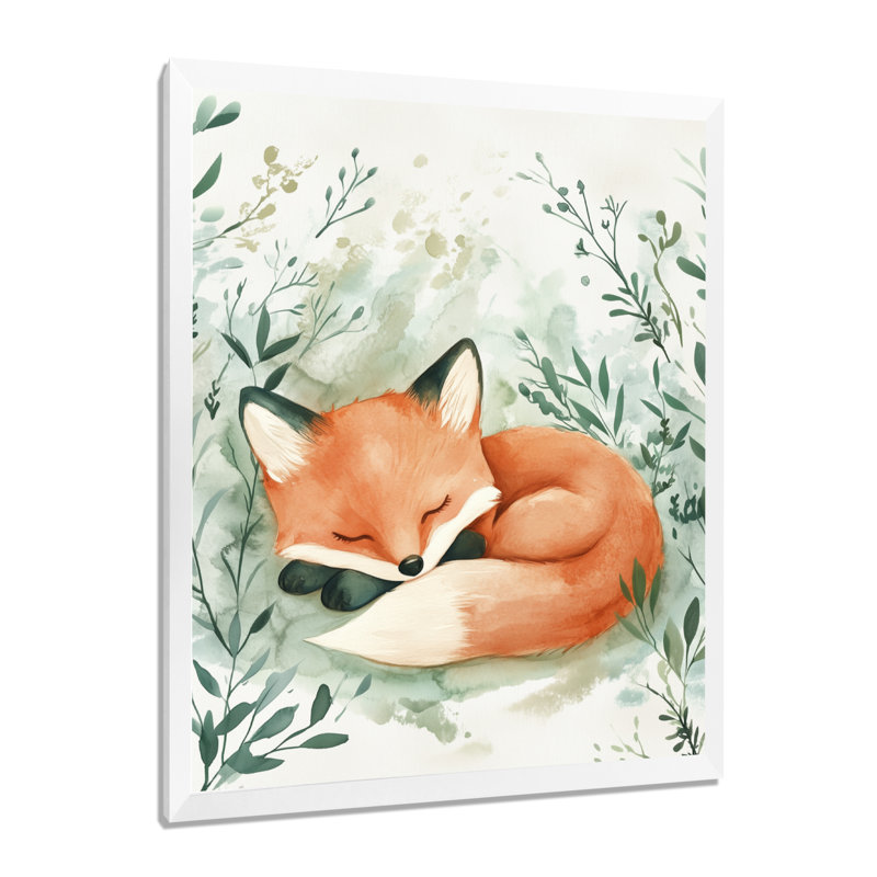 Renard endormi des bois - Tableau encadré orange pour chambre d'enfant, H 32 po x l 16 po, White Picture Framed