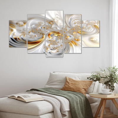 «Whirling River Dynamics Gold and White II - Abstract Spirals», art mural pour le salon, 5 pièces