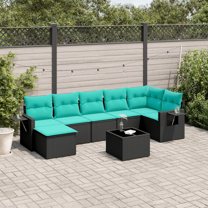 Ensemble de canapé de patio 8 pièces avec coussins en rotin de polyester, Bleu clair, Noir