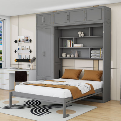 Queen Wood Murphy Bed with Storage Shelves, Two Drawers and Wardrobe