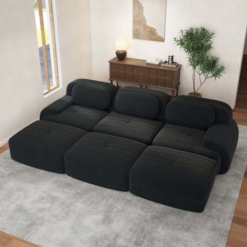 Three-Seat Modular Sofa With 3 Ottomans Corduroy Boneless Fabric 32D High-Resilience Sponge Living Rooms Media Rooms