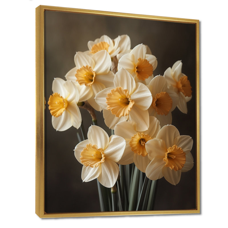 Blanc, jaune, soleil, éclaboussures, jonquilles, jonquilles, art mural, salon, H 30 po x l 40 po, Cadre flottant doré