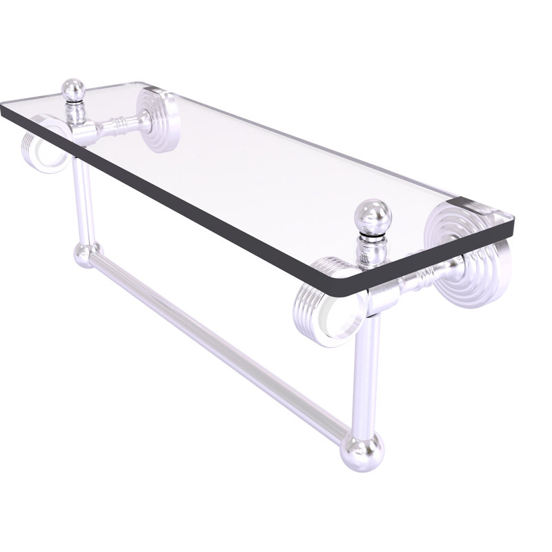 Jarrell Glass Bracket Shelf with Towel Bar, 5.12" H x 16" W x 6.4" D, Satin Chrome