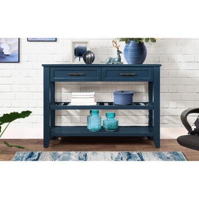 Console de 42 po avec tiroirs et tablettes de style Mid-Century en bois massif bleu marine pour meubles de salon