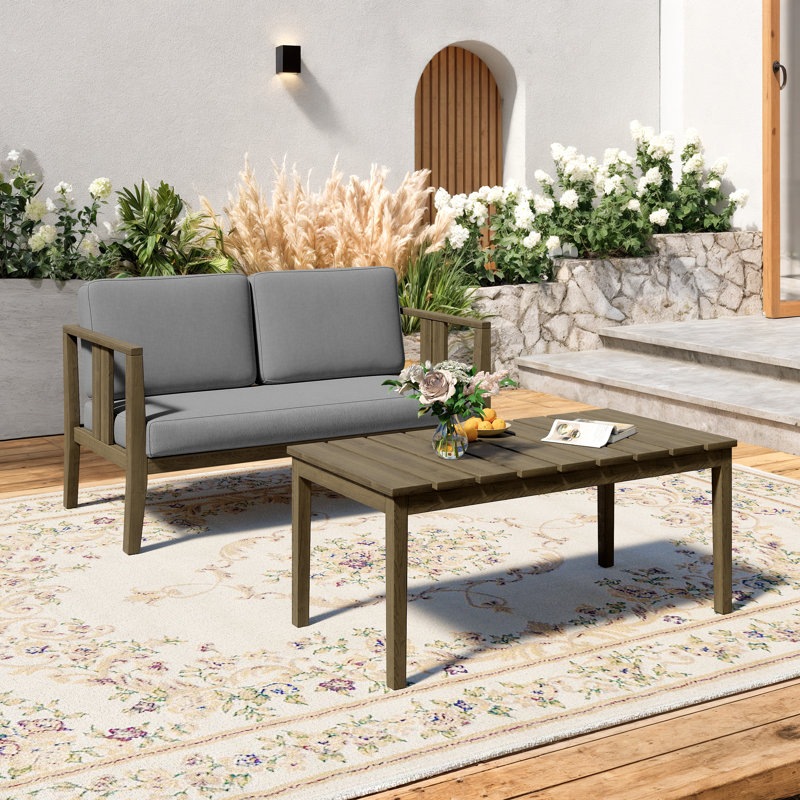 Ensemble de patio d'extérieur pour deux personnes en teck avec coussins et table basse Junco, Brun, Gris