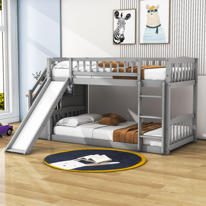 Twin Over Twin Wood Bunk Bed with Cabinet and Slide, Gray