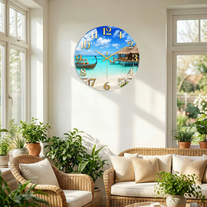 "Tropical Beach", horloge murale en verre, 40 x 40 cm (15,7 x 15,7 pouces)