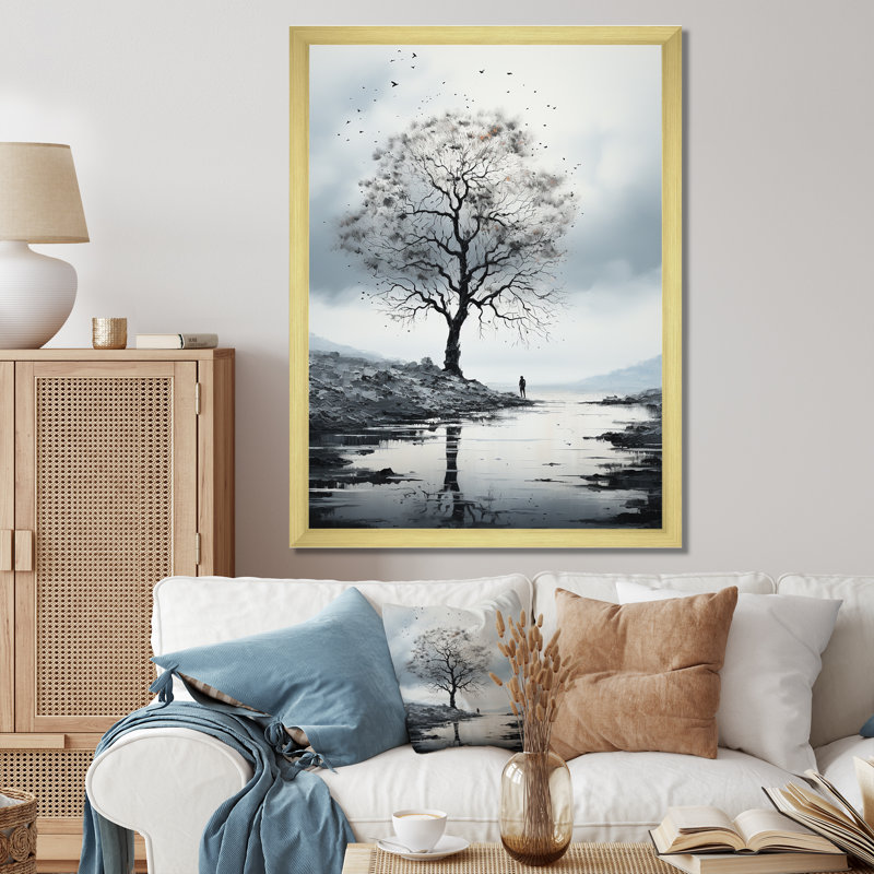 Arbre de Lynnai gris minimalisme solitude II, H 32 po x l 24 po x P 1 po, Encadrement doré