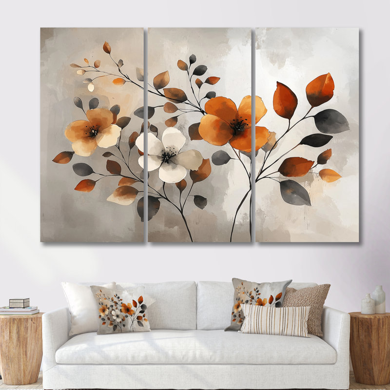 Fleurs de cerisier orange gris botanique VI - ensemble de reproductions d'art mural cerisier en fleurs, Toile tendue