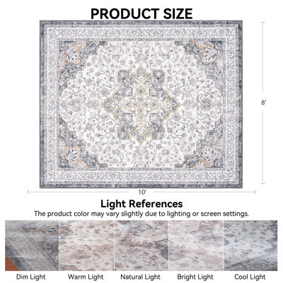 Washable Area Rug, Vintage Floral Low-Pile Rug With Soft & Non-Slip Backing, Reinforced Edges For Living Room, Dining Room & Bedroom