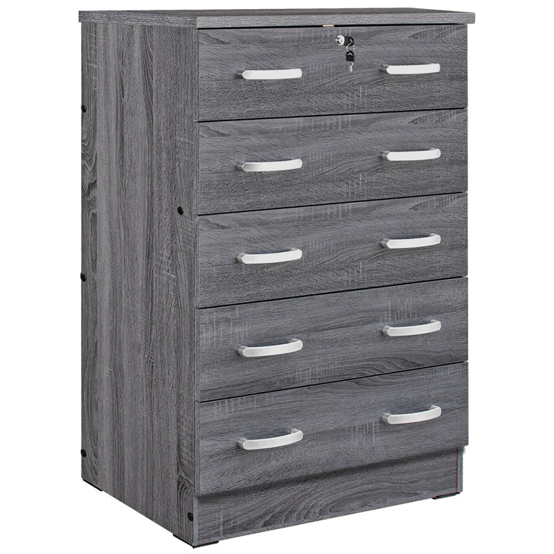Commode 5 tiroirs Luker, Gris clair