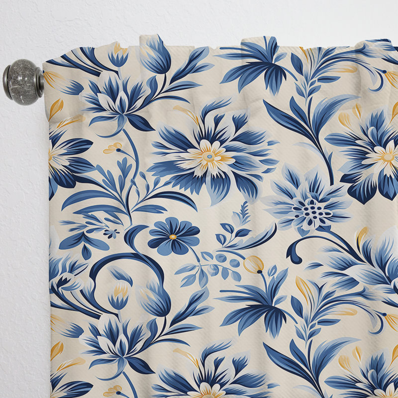 Blue And Beige Ethnographic Damask Floral Motif - Bohemian Curtain - Velvet Room Darkening - 1 Panel, 52" W x 84" L