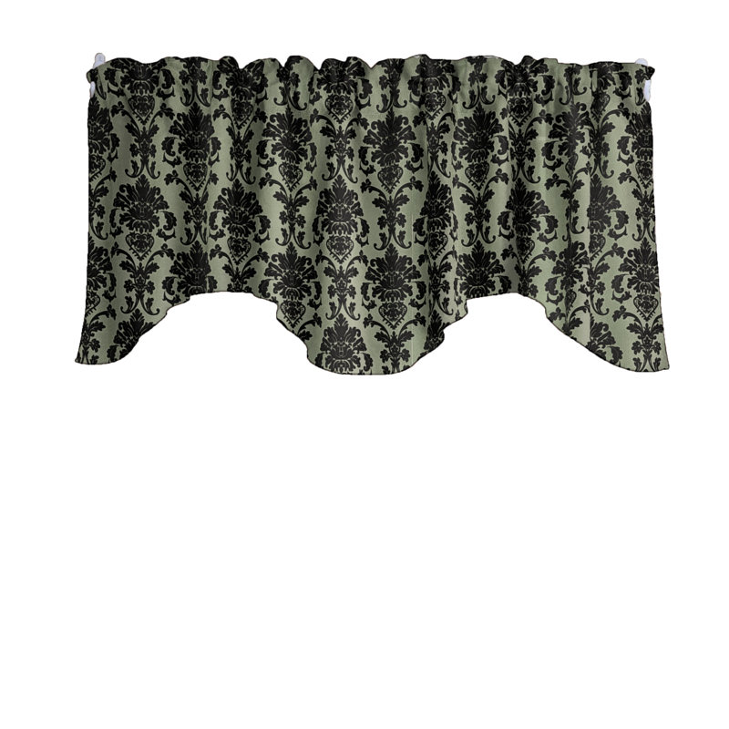 Poplin Damask Floral Scalloped Wave Window Valance 58" Wide, Dark Sage
